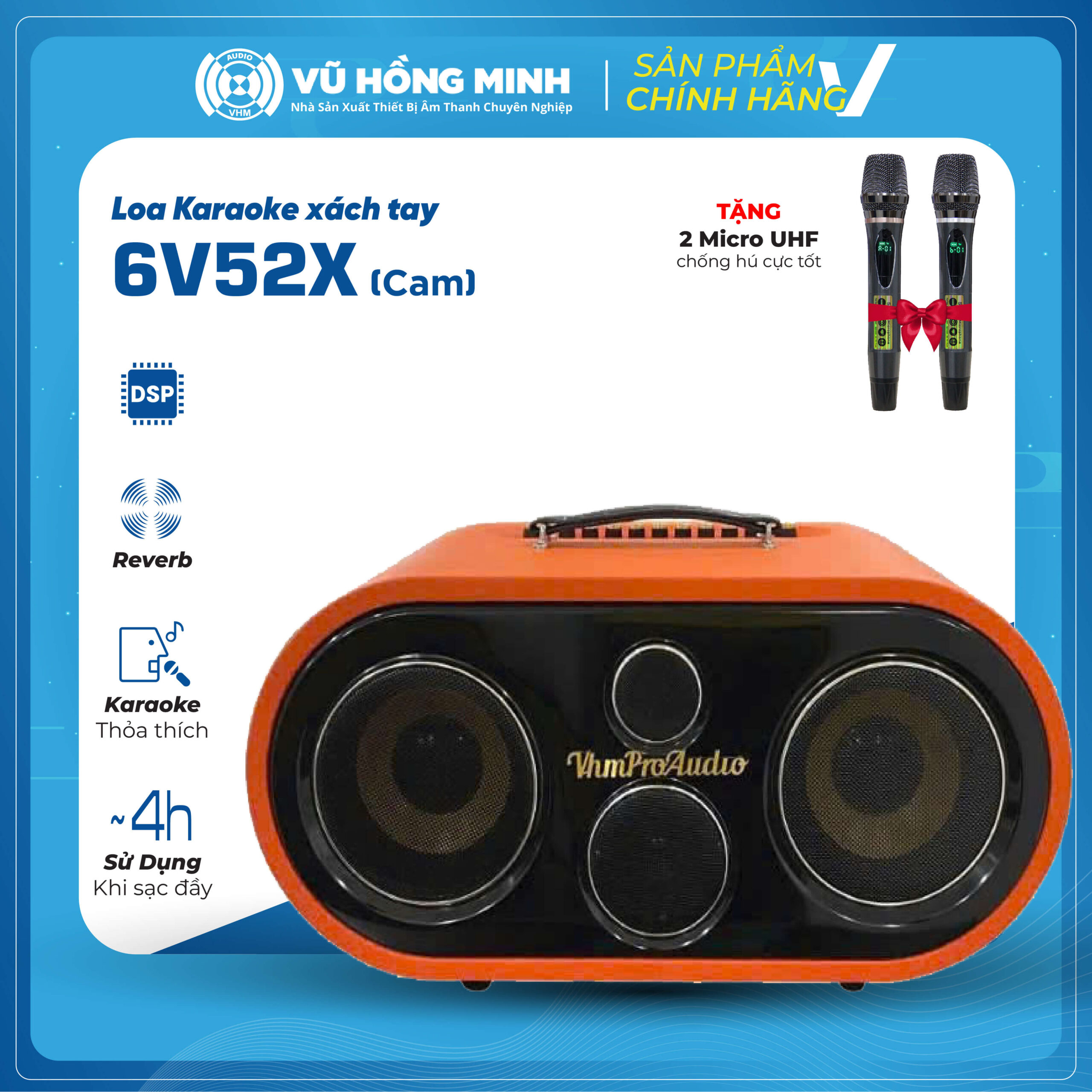 Loa Karaoke Xách Tay <br> Model: 6V52X <br> <span style="font-size: 0.7em; font-style: italic;">2 màu: cam/ xanh rêu</span>